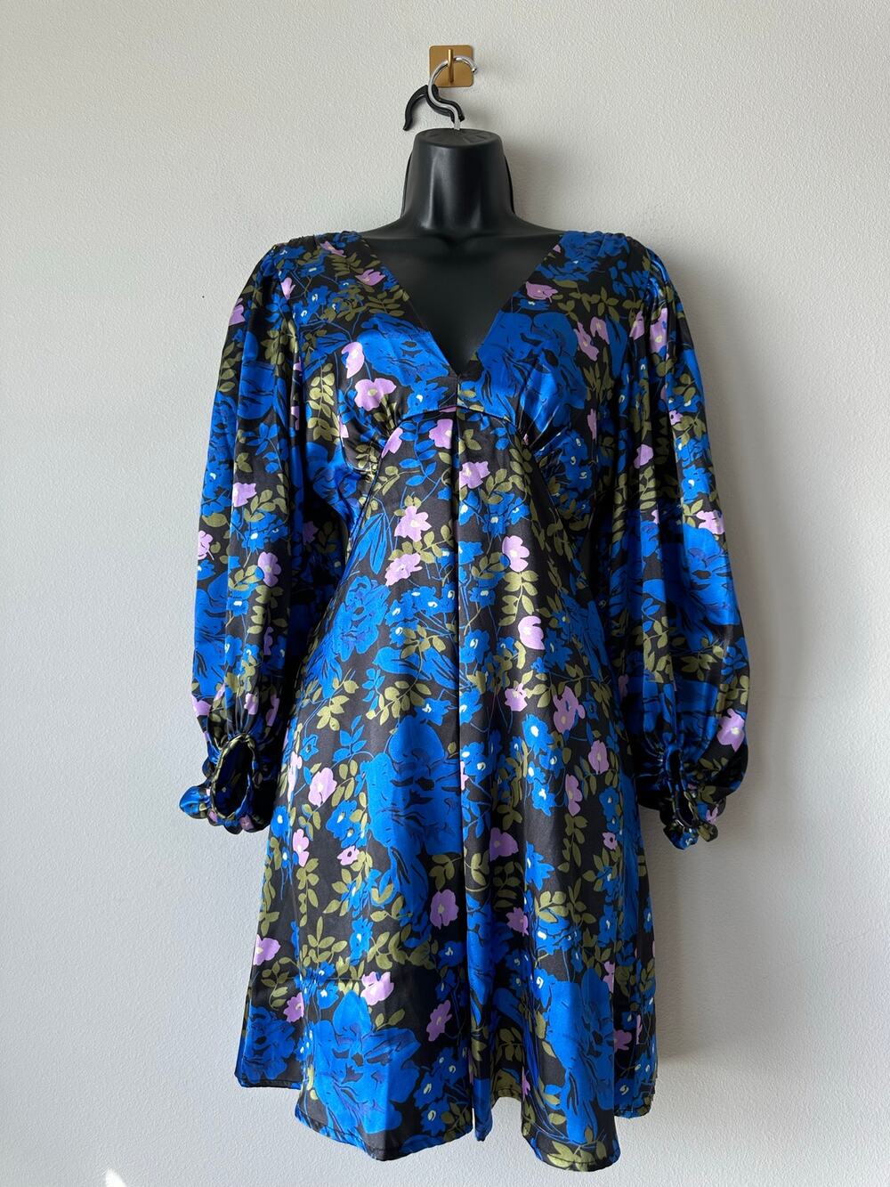 Blue Floral Satin Mini Dress Balloon Sleeves Romantic Dark Floral Size S